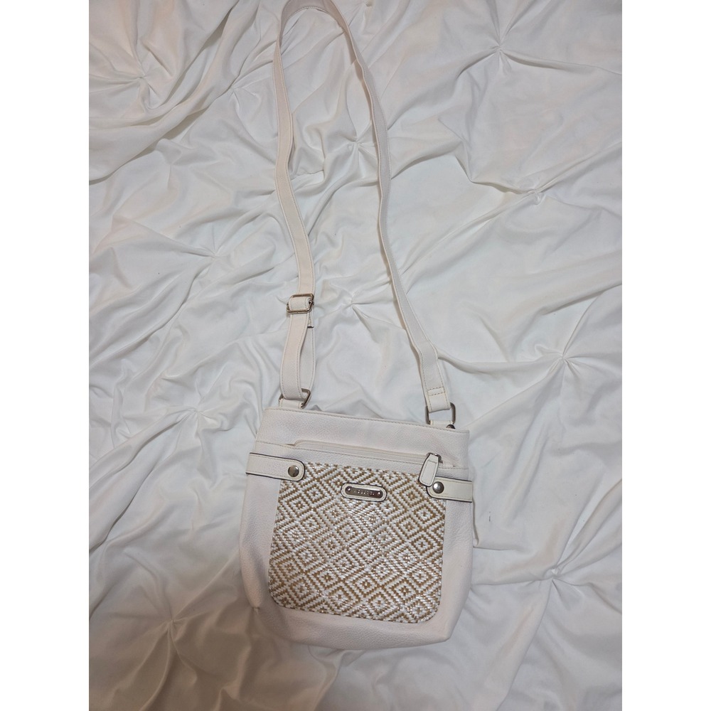 Rosetti White Pebbled Faux Leather Crossbody Bag Woven Geometric Panel